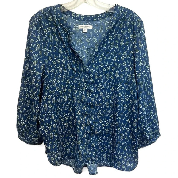 Jachs Girlfriend blue floral button down blouse with rounded hem size medium - Picture 1 of 8